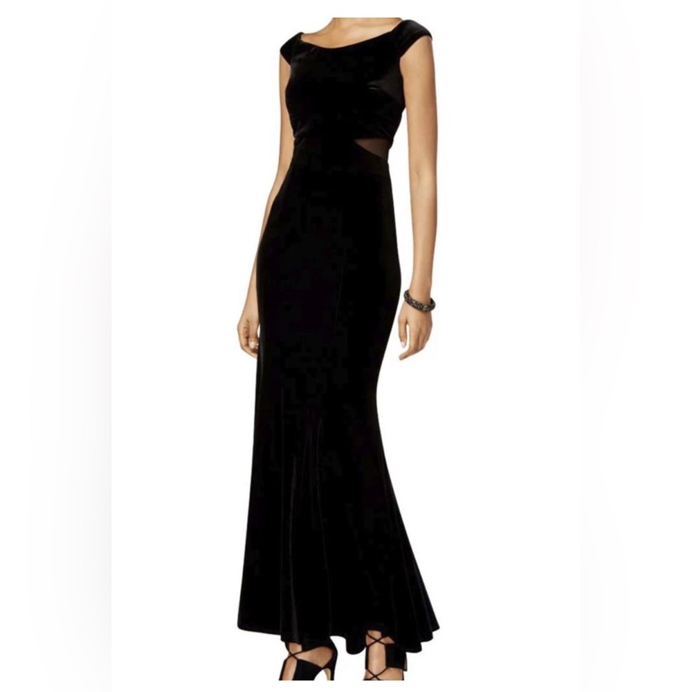 Xscape Black Off The Shoulder Dress | Velvet Size 8 | Mesh Cut Outs | Womens